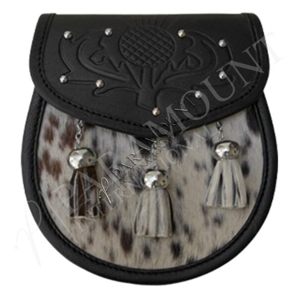 Black & White Deluxe Leather Sporran with Embossed Thistle Design - 04