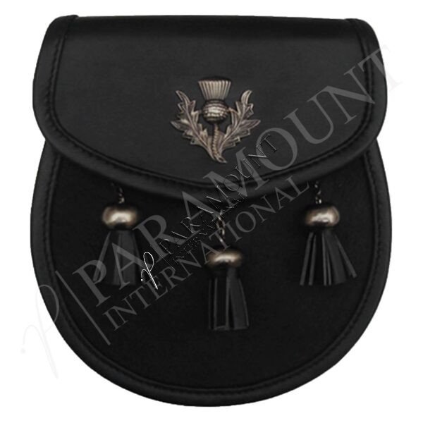 Deluxe Black Antique Leather Sporran with Thistle Emblem - 06