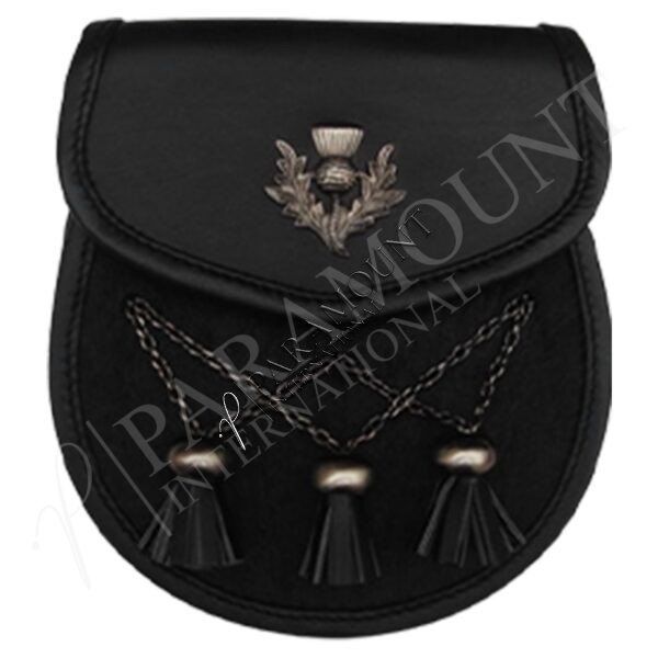 Deluxe Black Antique Leather Sporran with Thistle Badge - 07
