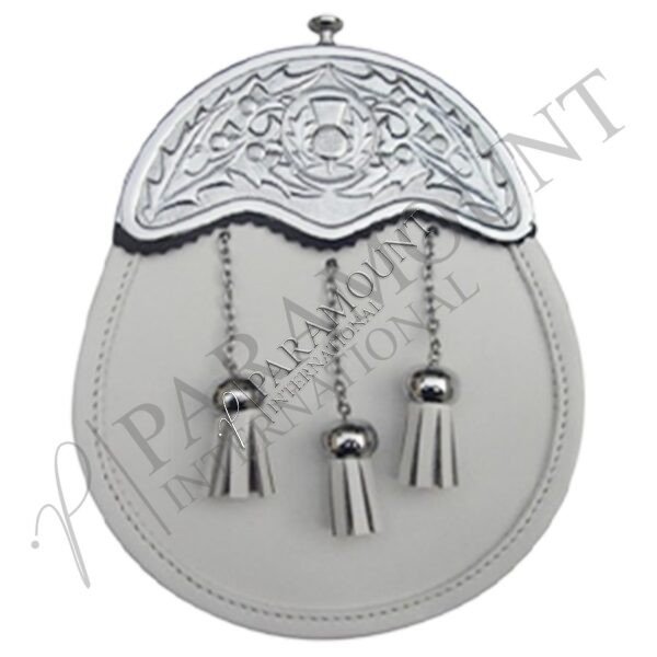 White Deluxe Leather Sporran with Embossed Thistle Design - 09