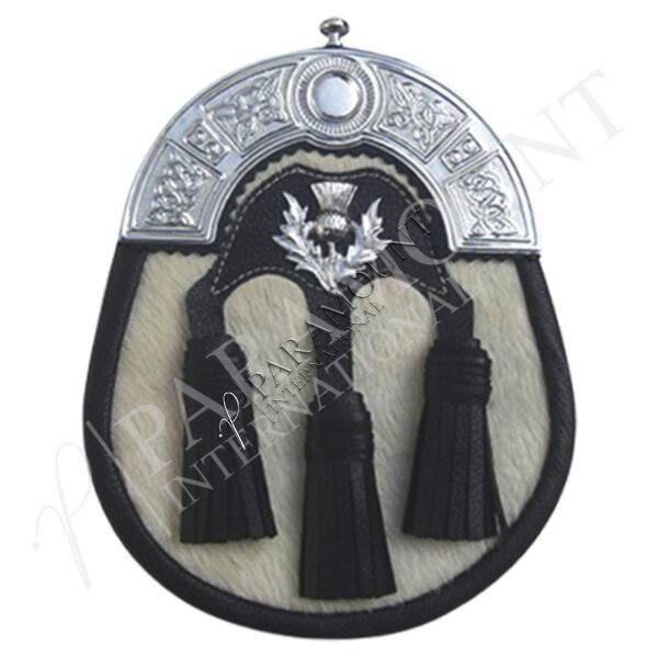 Black & White Full Dress Leather Sporran with Thistle Badge & Three Tassels - 01