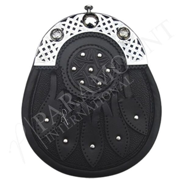 Black Full Dress Leather Sporran with Studded Chrome Cantle - 03
