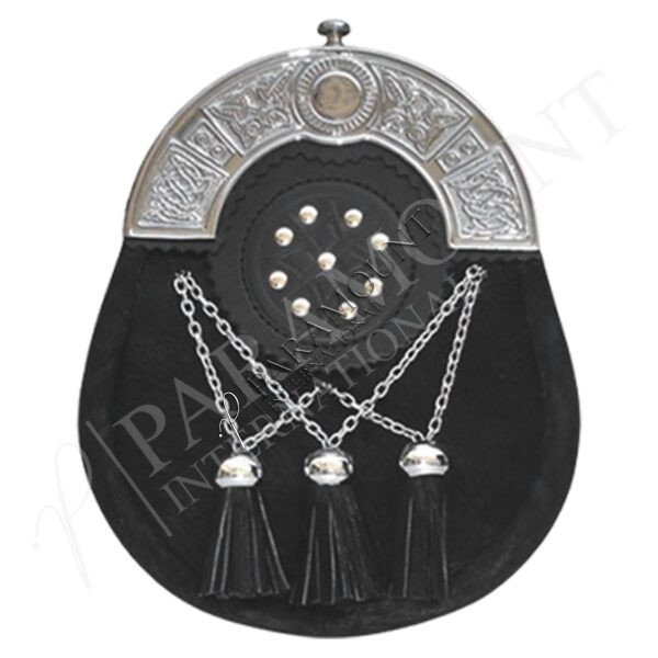Black Full Dress Leather Sporran with Celtic Cantle & three Tassels - 05