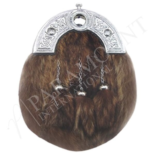 Brown Rabbit Fur Sporran with Celtic Knotcantle & Three Tassels - 06
