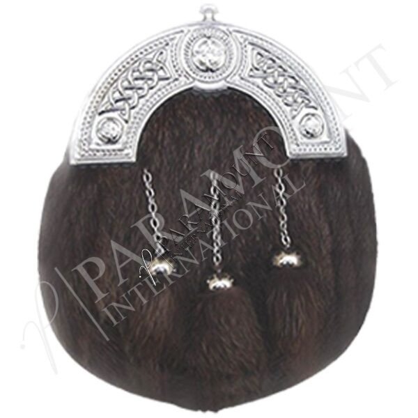 Dark Brown Rabbit Fur Sporran with Celtic Engraved cantle & Three Tassels - 07