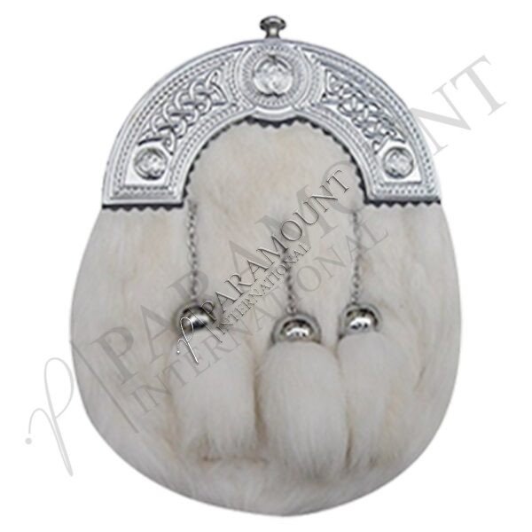 White Rabbit Fur Sporran with Heritage Knot Cantle & Three Tassels - 08
