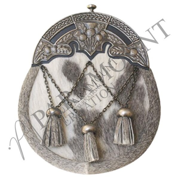 Grey Full Dress Sporran with Celtic Thistle Cantle & Three Tassels - 15