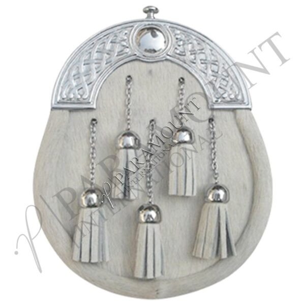 White Full Dress Sporran with Celtic Knot Cantle & Five Tassels - 16