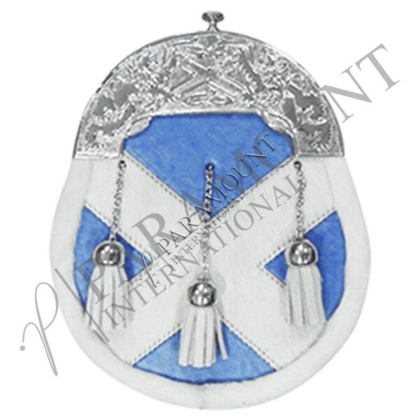 White & Blue Full Dress Sporran with Lion Rampant Cantle & Three Tassels - 18