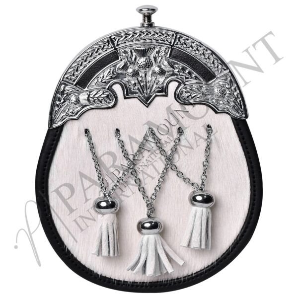 White Full Dress Sporran with Thistle Engraved Cantle & Three Tassels - 19