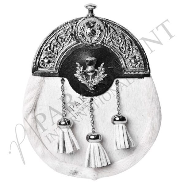 White Full Dress Sporran with Thistle Cantle & Three Tassels - 20
