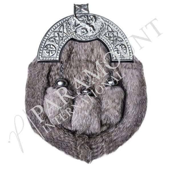 Grey Full Dress Sporran with Celtic Guard Chrome Cantle & Three Tassels - 21