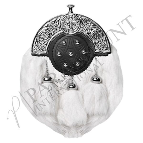White & Black Full Dress Sporran with Celtic Cross Cantle & Three Tassels - 24