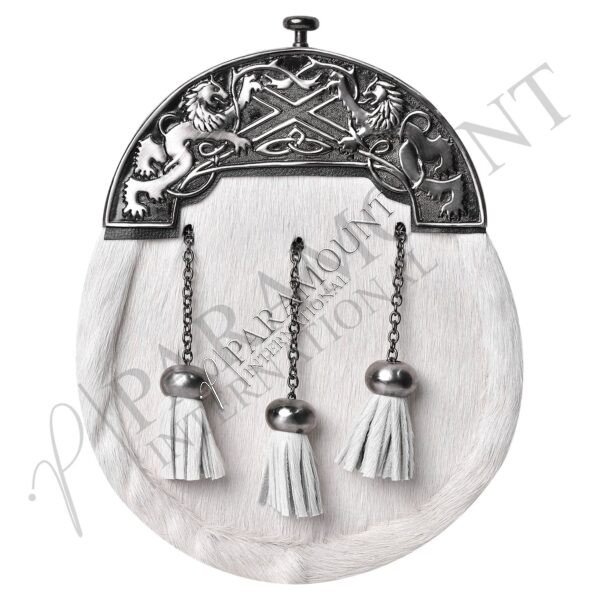 White Full Dress Sporran with Lion Rampant Cantle & Three Tassels - 26