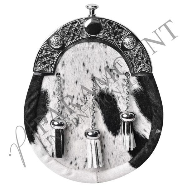 White & Black Full Dress Sporran with Celtic Crest Cantle & Three Tassels - 28