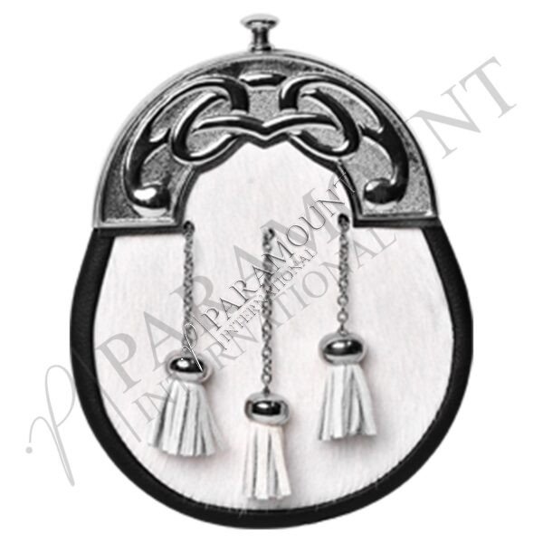 White Full Dress Sporran with Celtic Scroll Cantle & Three Tassels - 29