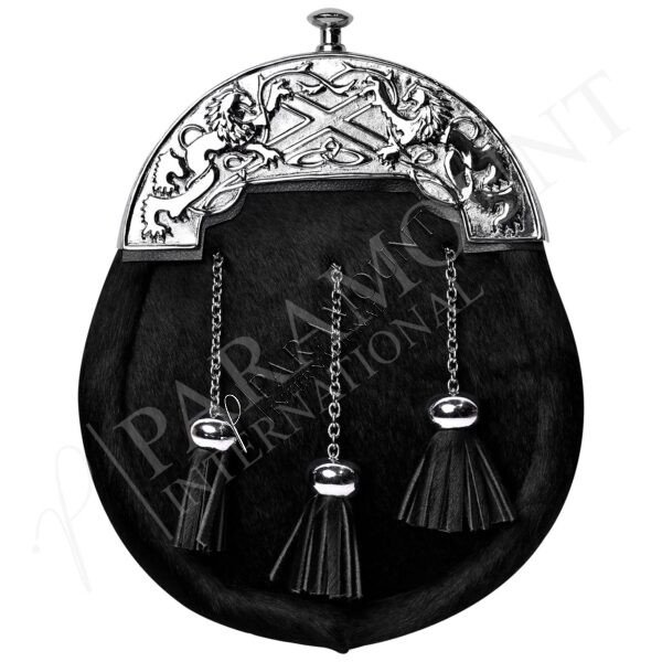 Black Full Dress Sporran with Lion Rampant Cantle & Three Tassels - 30