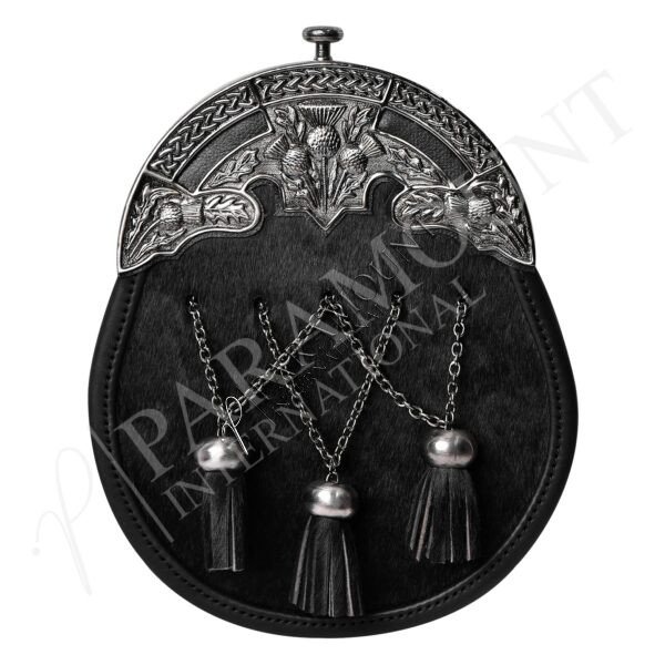 Black Full Dress Sporran with Thistle Crown Cantle & Three Tassels - 32