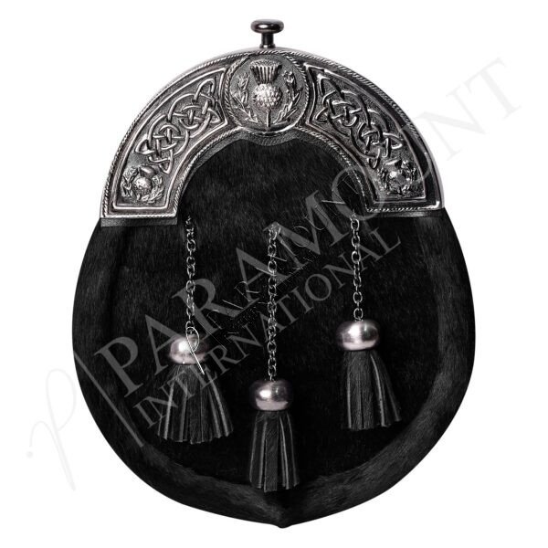Black Full Dress Sporran with Celtic Thistle Cantle & Three Tassels - 34