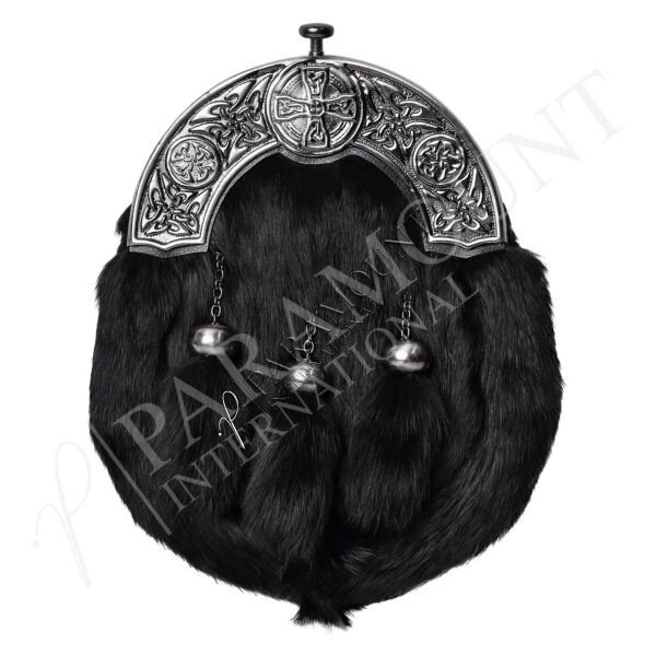 Black Full Dress Sporran with Celtic Cross Shield Cantle & Three Tassels - 35