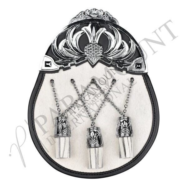 White Full Dress Sporran with Thistle Crest Cantle & Three Tassels - 36