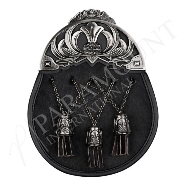 Black Full Dress Sporran with Thistle Crest Cantle & Three Tassels - 37