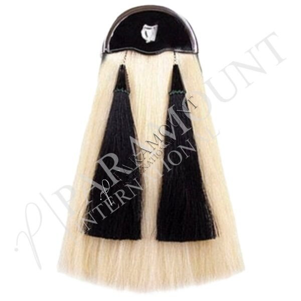 White Horse Hair Sporran Irish Harp Chrome Badge with Two Tassels Cantle - HH-01