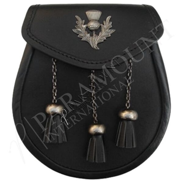 Black Leather Sporran with Antique Thistle Badge - 01