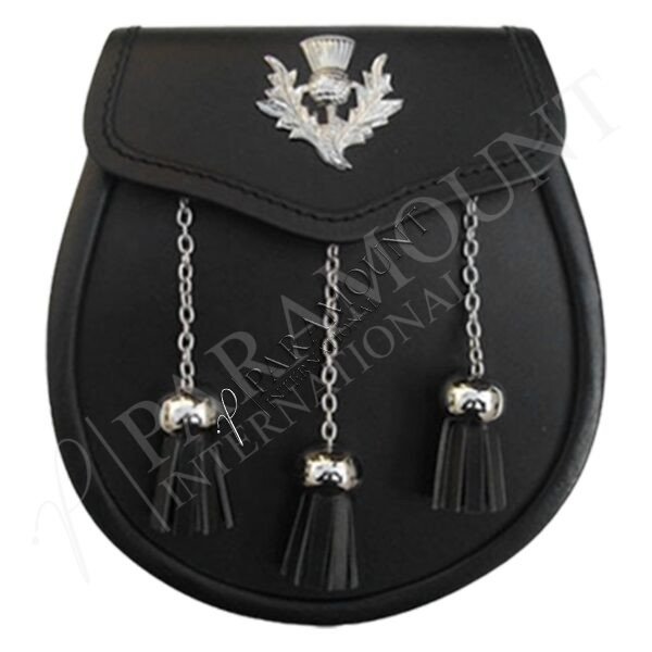 Black Leather Sporran with Chrome Thistle Badge - 03