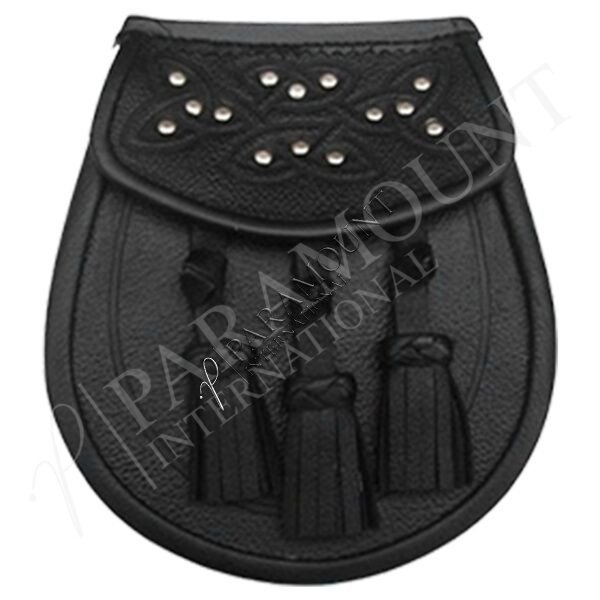 Black Leather Sporran with Studded Design Flap - 05