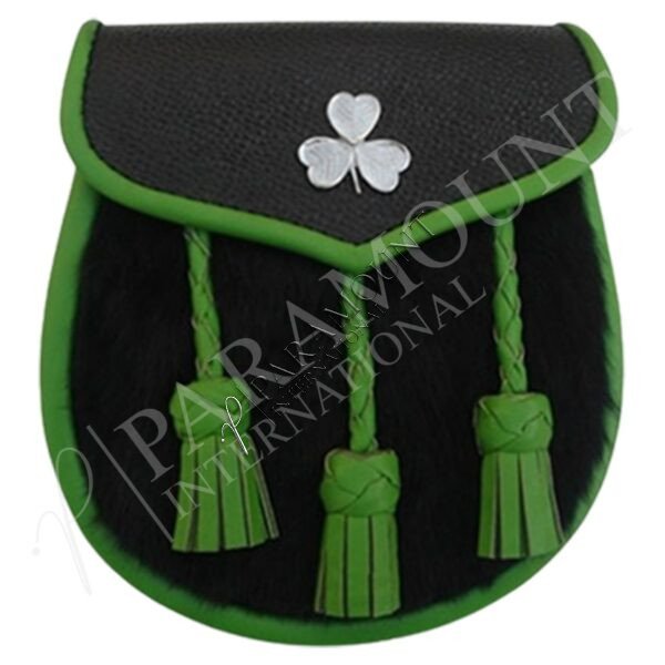 Black & Green Leather Sporran with Chrome Irish Shamrock Badge - 07