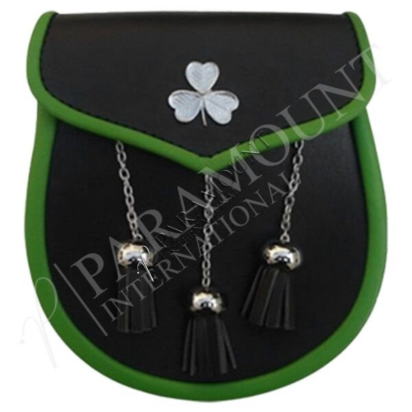 Black & Green Leather Sporran with Chrome Irish Shamrock Badge - 08
