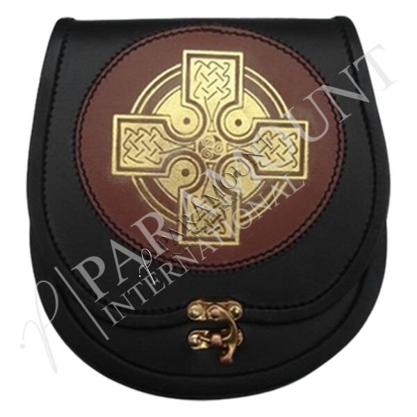 Black Leather Sporran with Celtic Cross Design - 09