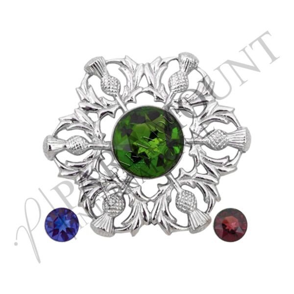 Plaid Brooch | Model O Chrome with Green, Blue & Purple Stone