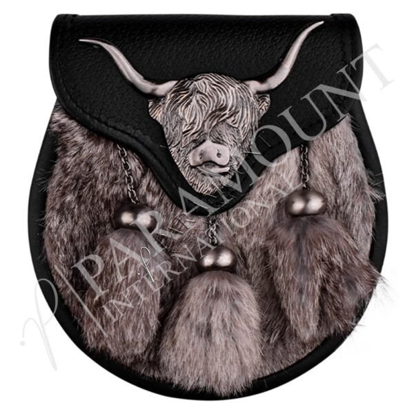 Formal Black & Grey Antique Rabbit Fur Sporran with Highland Cow Badge