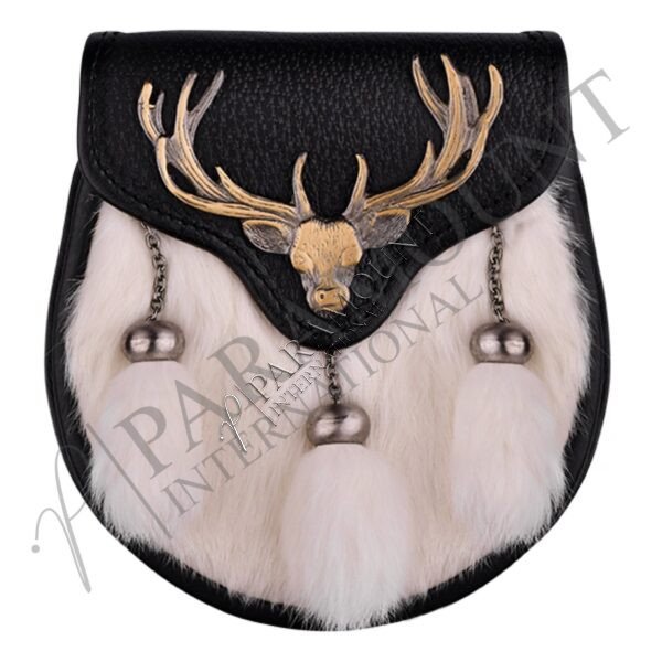 Formal Black & white Antique Rabbit Fur Sporran with Irish Elk Head Badge
