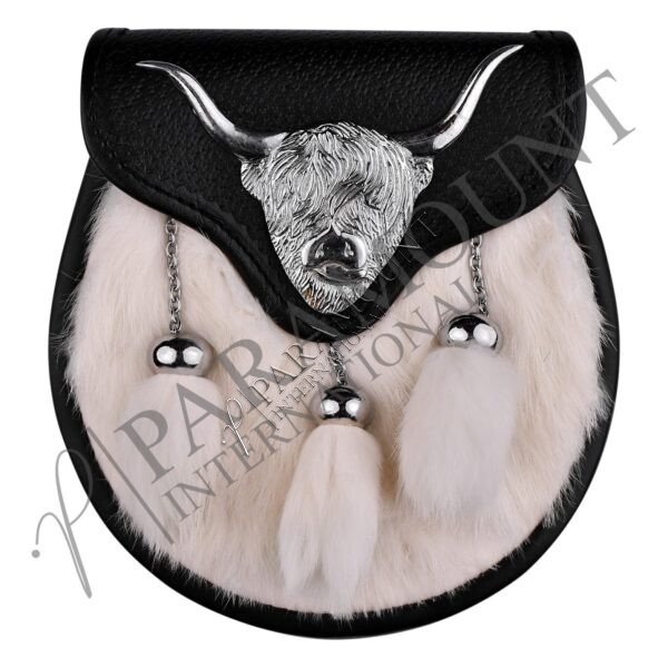 Formal Black & White Rabbit Fur Sporran with Highland Cow Badge