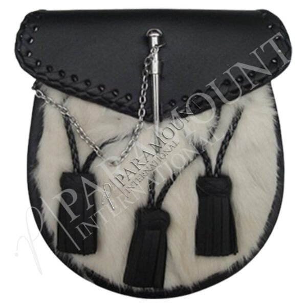 Semi-Formal Black & White Leather Sporran with Chrome Celtic Cantle & Three Tassels - 1