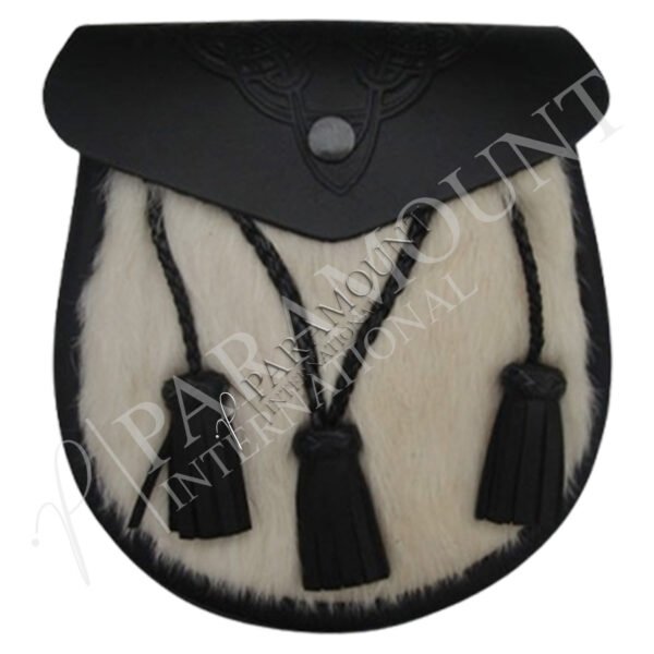 Semi-Formal Black & White Leather Sporran with Plain Flap & Three Tassels - 02