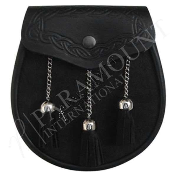 Semi-Formal Black Leather Sporran with Flap & Chrome Chain Tassels - 03