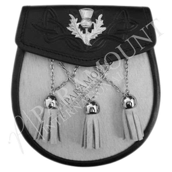 Semi-Formal Black & White Leather Sporran with Chrome Thistle Badge & Three Chain Tassels - 04