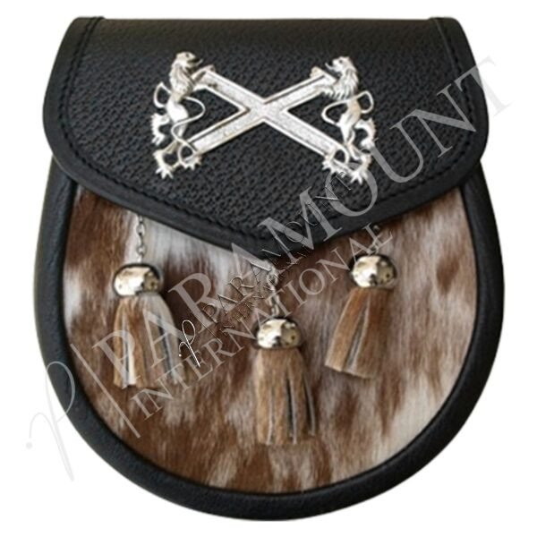 Semi-Formal Black & Brown Leather Sporran with Lion Rampant Chrome Badge & Three Tassels - 05