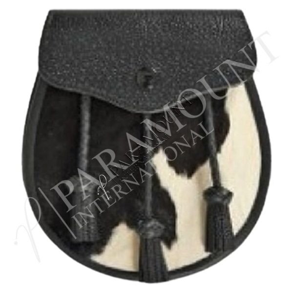 Semi-Formal Black Leather Sporran with Flap & Leather Tassels & Three Tassel - 06