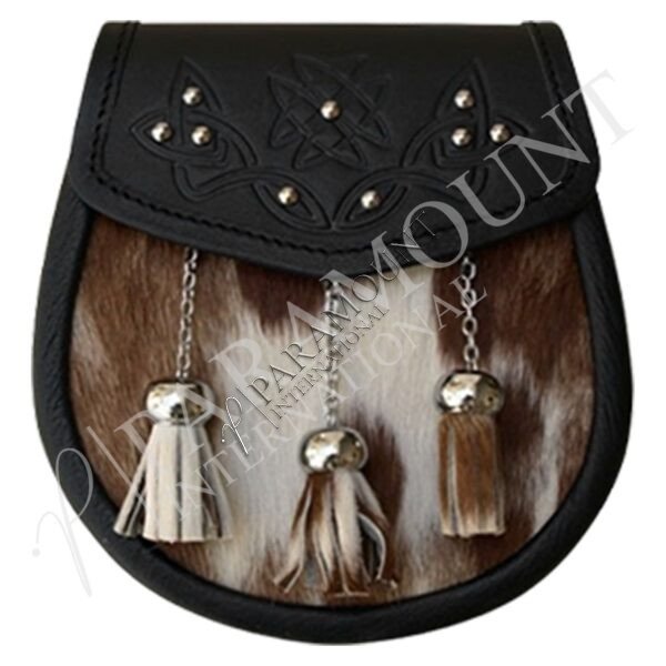 Semi-Formal Black & Brown Leather Sporran with Studded Flap & Three Chain Tassels - 07