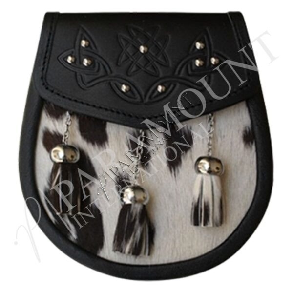 Semi-Formal Black & White Leather Sporran with Studded Flap & Three Chain Tassels - 08