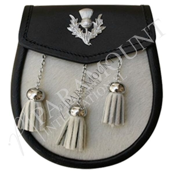 Semi-Formal Black & White Leather Sporran with Chrome Thistle Badge & Three Tassels - 09