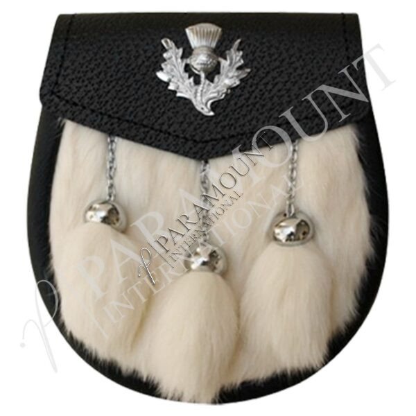 Semi-Formal White & Black Rabbit Fur Sporran with Chrome Thistle Badge & Three Thistle- 10