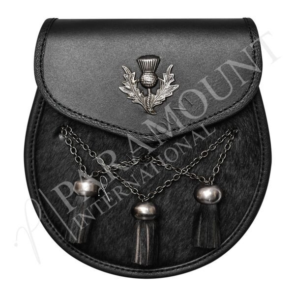 Semi-Formal Black Leather Sporran with Antique Thistle Badge & Three Tassels - 11