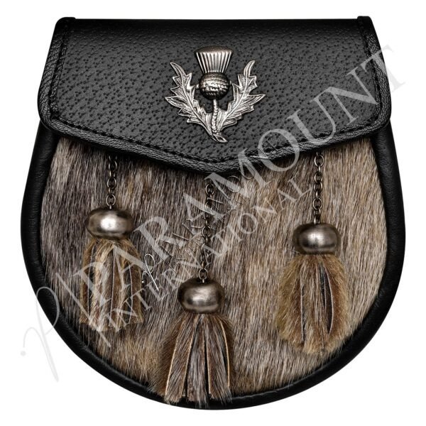 Semi-Formal Black & Brown Leather Sporran with Antique Thistle Badge & Three Tassels - 12