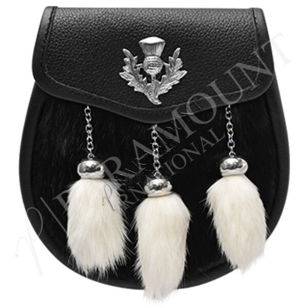 Semi-Formal Black Leather Sporran with Chrome Thistle Badge & White Rabbit Fur Three Tassels - 13